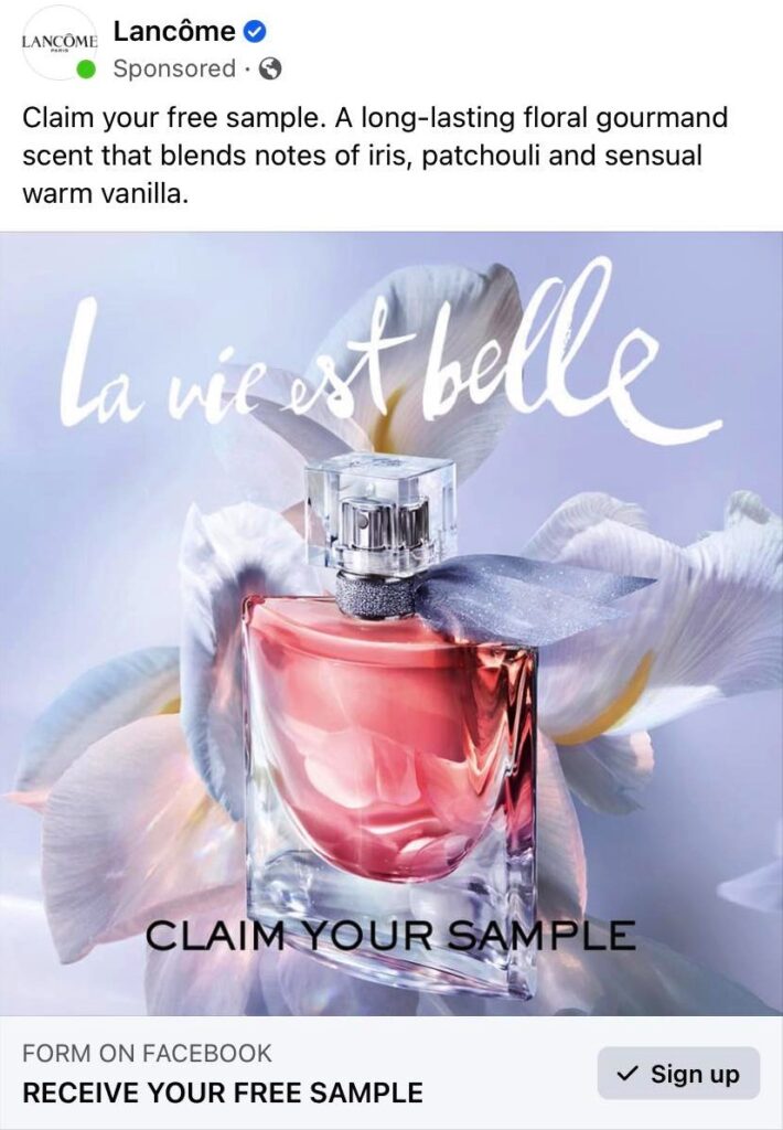 Lancome La Vie Est Belle sample ad facebook