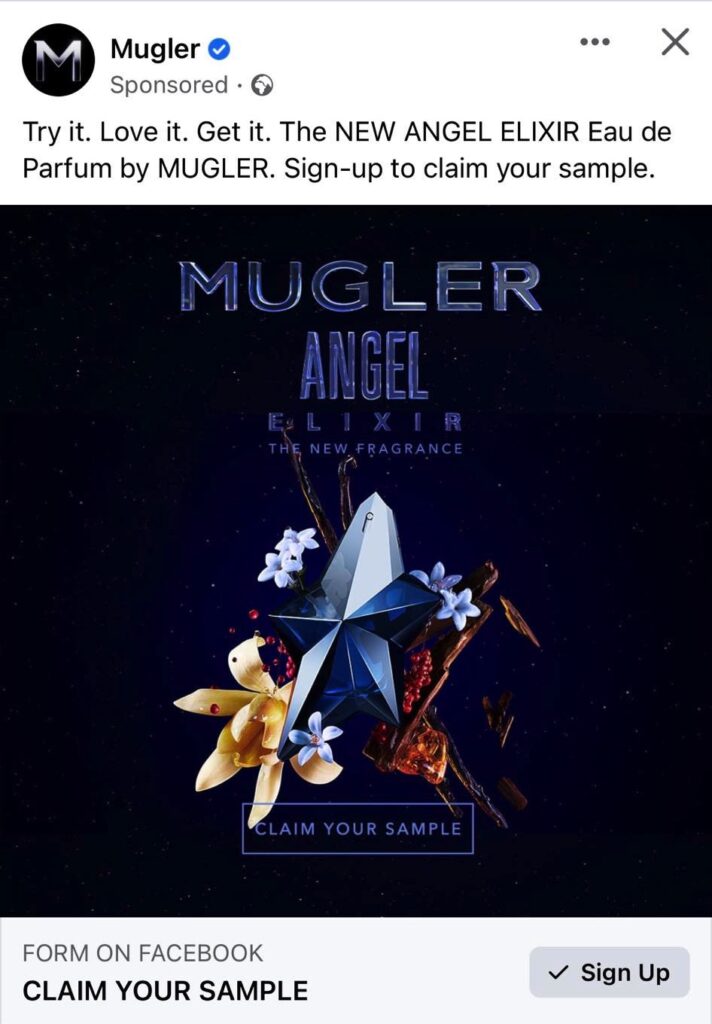 Mugler Angel Elixir Perfume sample ad facebook