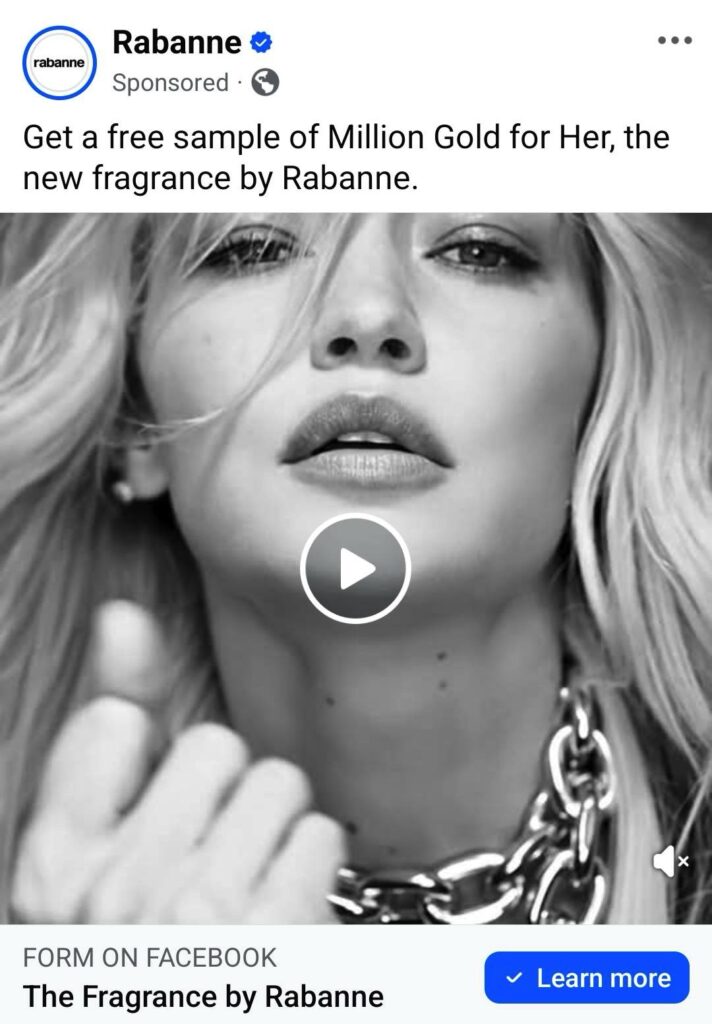 Paco Rabanne Million Gold For Her Perfume Sample ad on Facebook