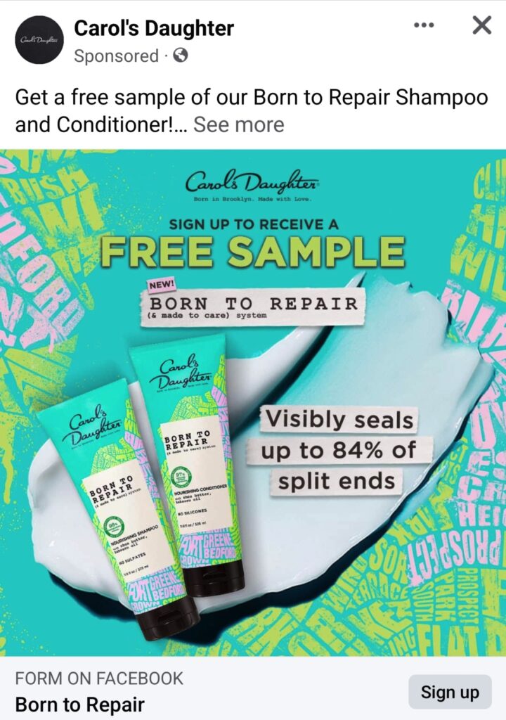Carol’s Daughter Shampoo & Conditioner sample Born To Repair ad facebook