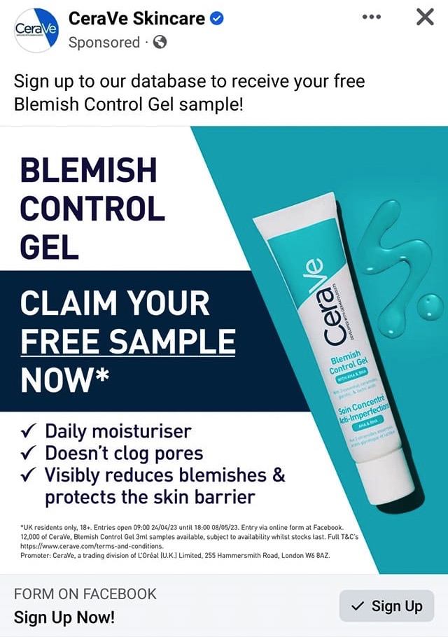 CeraVe Blemish Control Gel sample ad facebook
