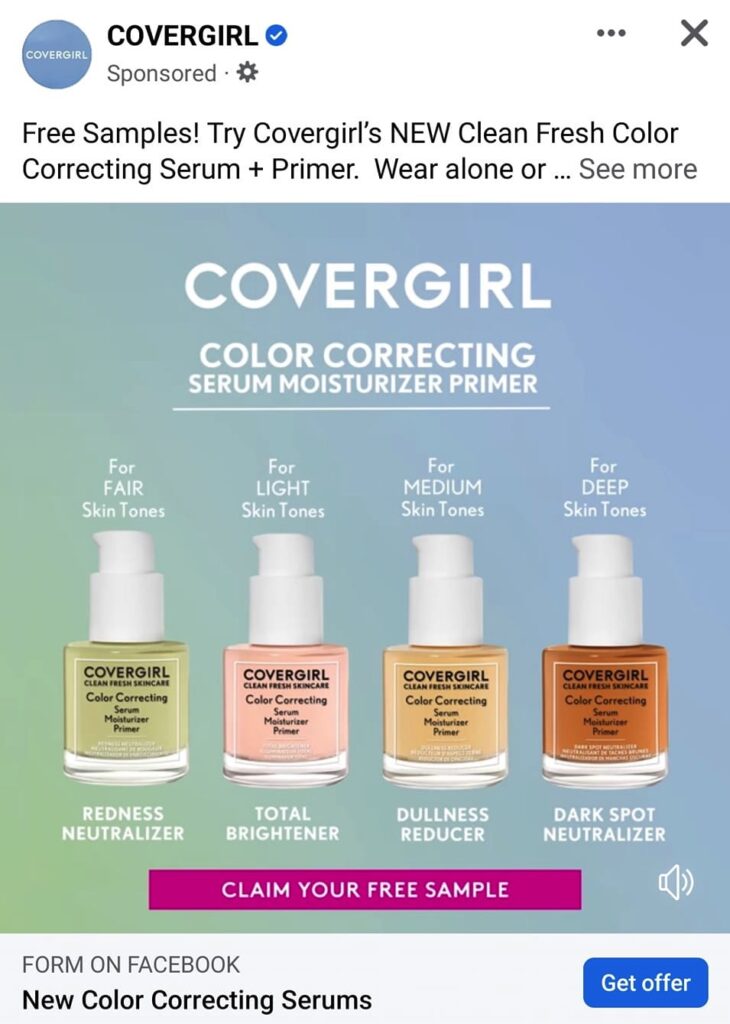 Covergirl Color Correcting Serum sample ad facebook