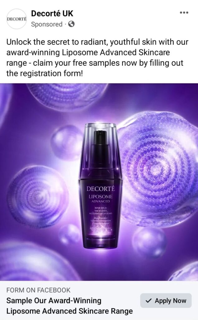 Decorté Advanced Repair Serum samples ad Facebook