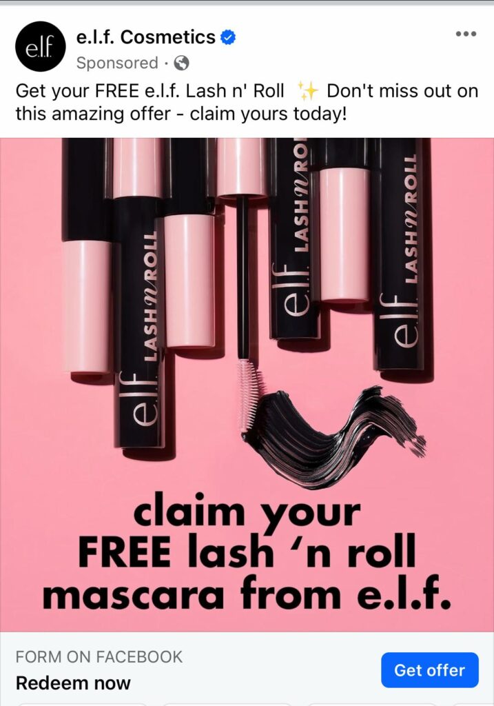 Elf Cosmetics Mascara sample ad Facebook Lash n Roll