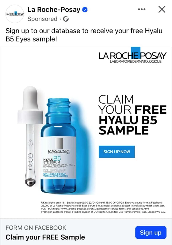 La Roche Posay Hyalu B5 Eye sample ad facebook