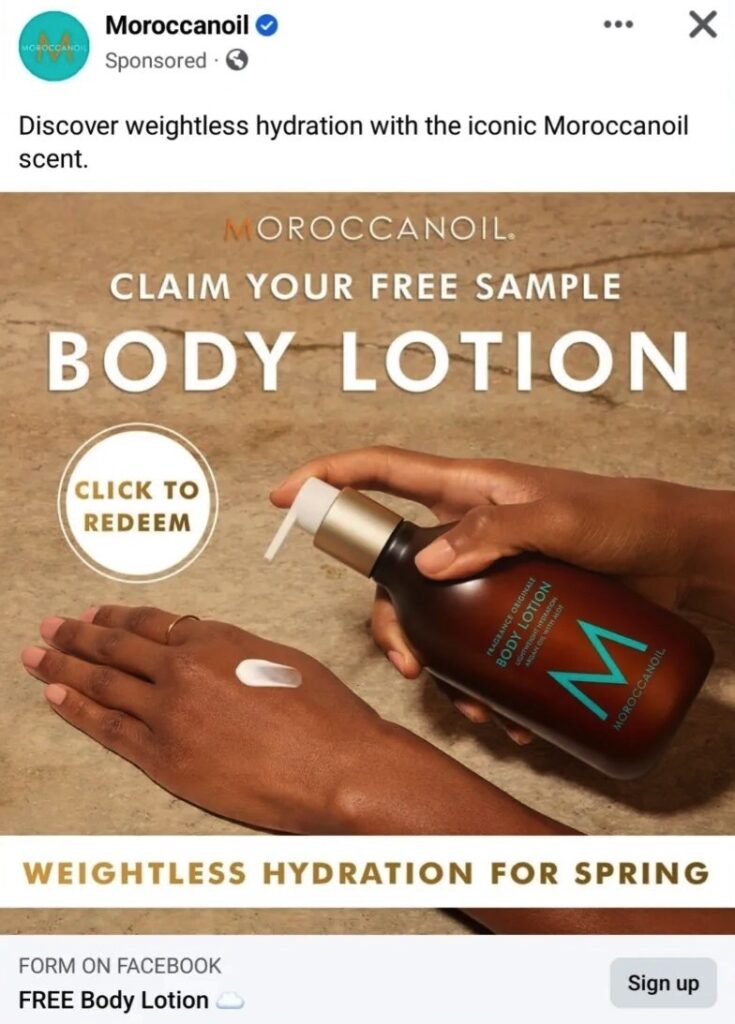 MoroccanOil Body Lotion sample ad facebook