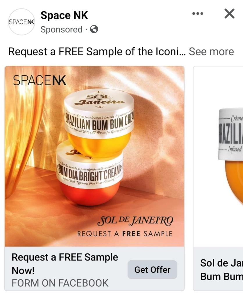 Sol De Janeiro Body Cream sample ad facebook Space NK