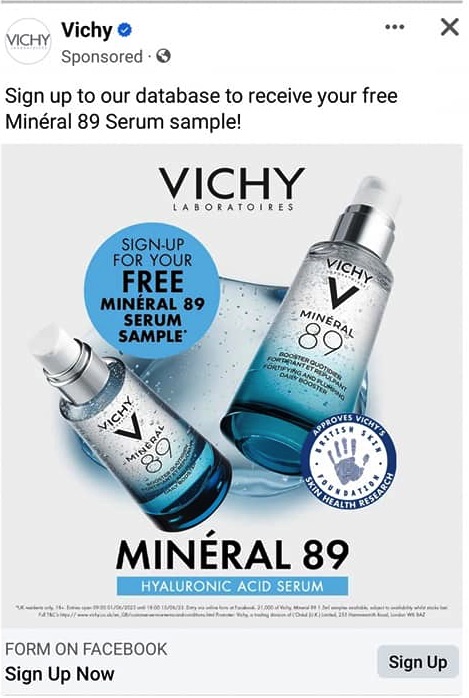 Vichy Mineral 89 serum sample ad facebook