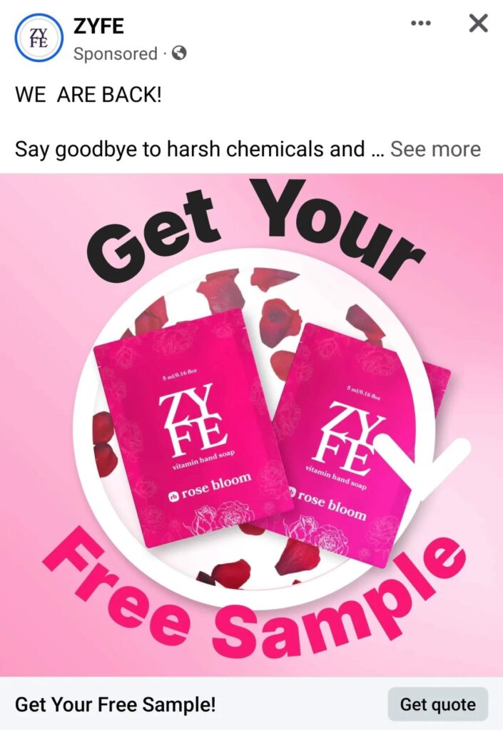 ZYFE Hand Soap sample ad facebook