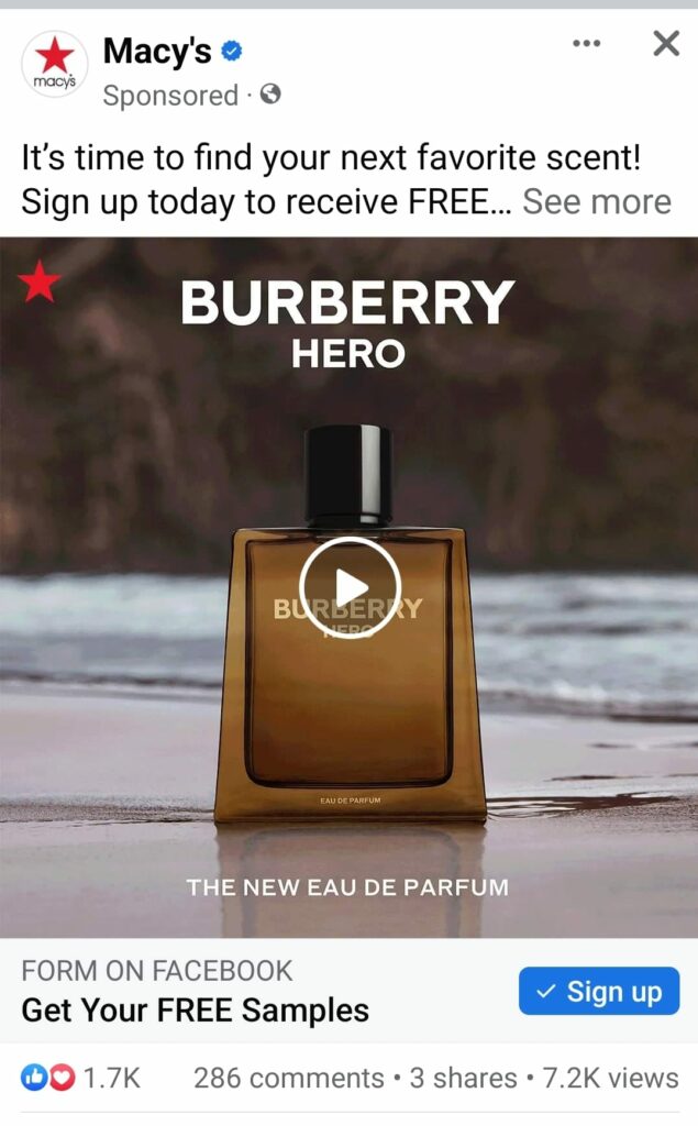Burberry Hero sample Macys ad facebook