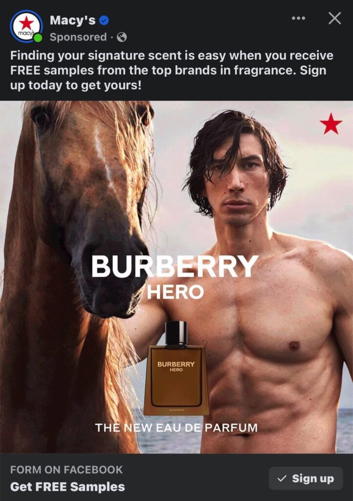 Burberry Hero sample Macys ad facebook
