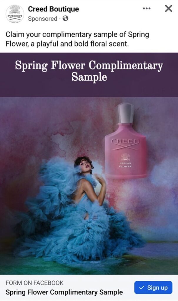 Like and follow Creed’s page on Facebook and Instagram and also Bloomingdale’s page since it’s then giving away the sample this time
Creed-Spring-Flower-sample-ad-facebook
