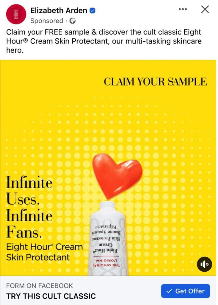 Elizabeth Arden Eight Hour Cream sample ad facebook