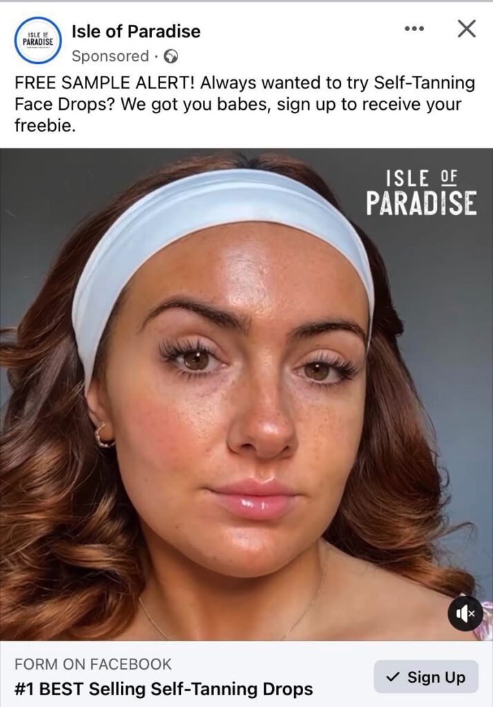 Isle of Paradise Self Tanning Drops sample ad Facebook