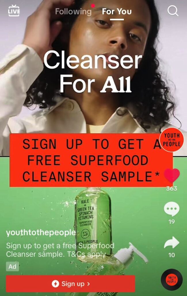 Youth to The People Superfood Cleanser sample ad TikTok