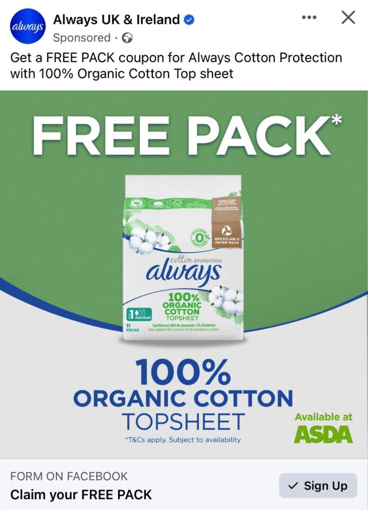 Always Cotton Protection sample coupon ad facebook