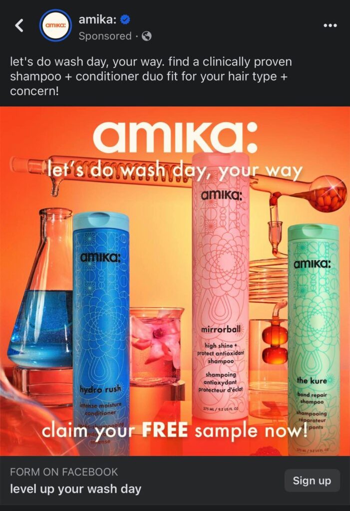 Amika Shampoo & Conditioner sample ad Facebook

