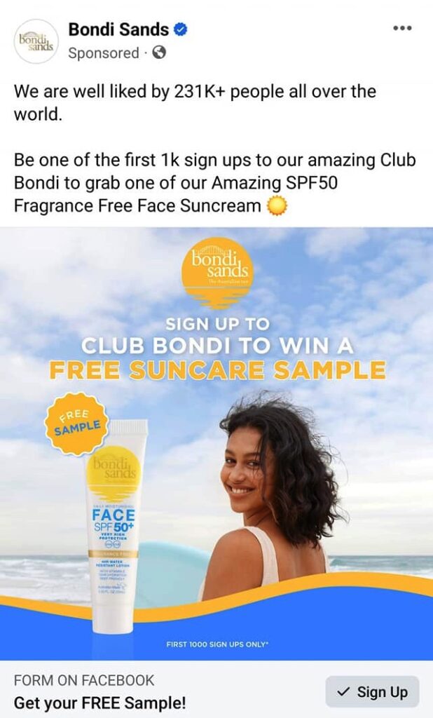 Bondi Face Suncream sample ad facebook