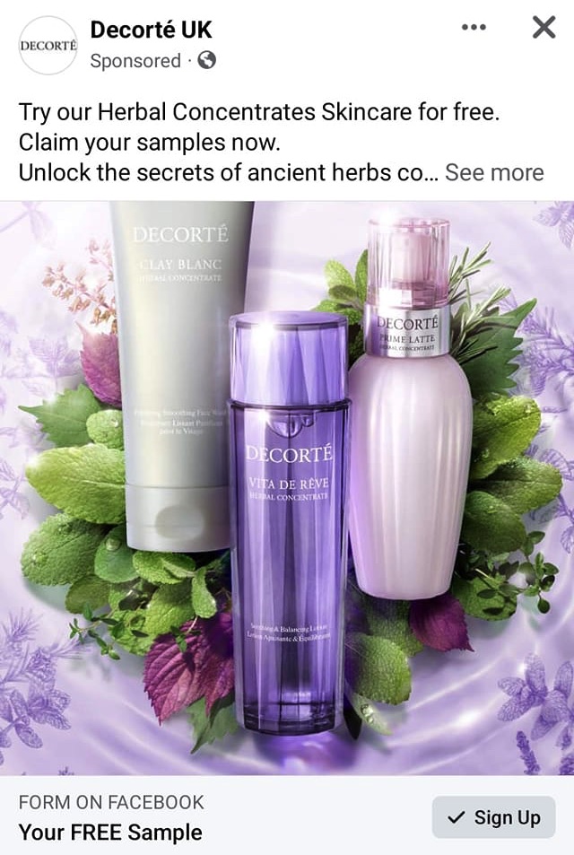 Decorté Herbal Concentrates sample ad Facebook