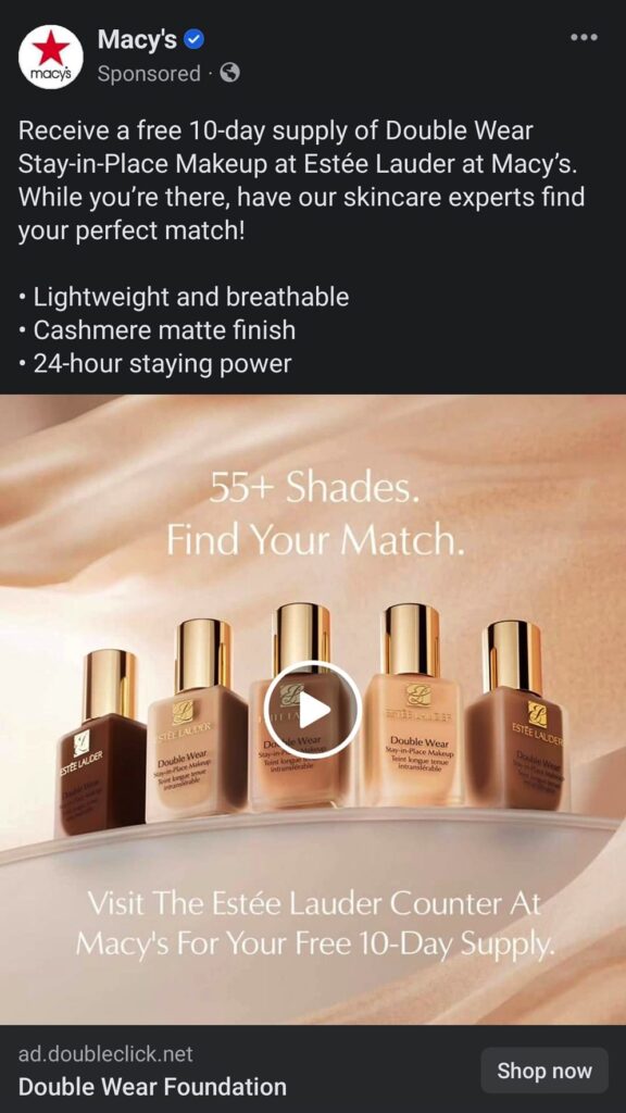 Estée Lauder Double Wear Foundation sample ad Facebook macy's