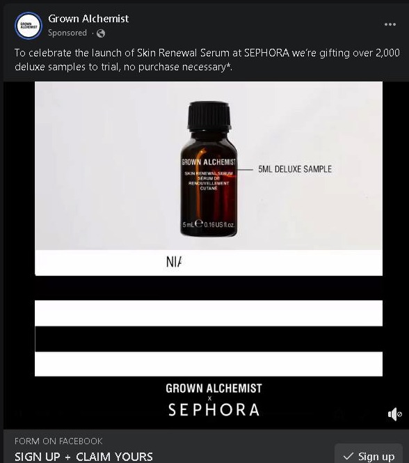 Grown Alchemist Serum sample ad facebook