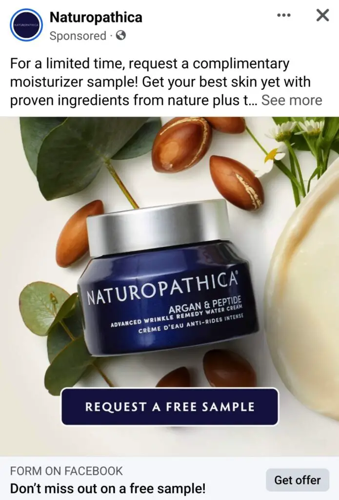 Naturopathica Moisturizer sample ad facebook