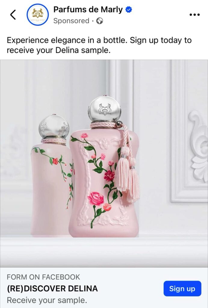 Parfums de Marly Delina Fragrance sample ad on Facebook