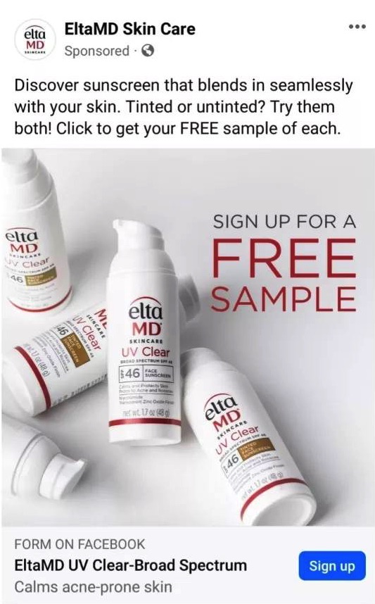 EltaMD Sunscreen sample ad facebook