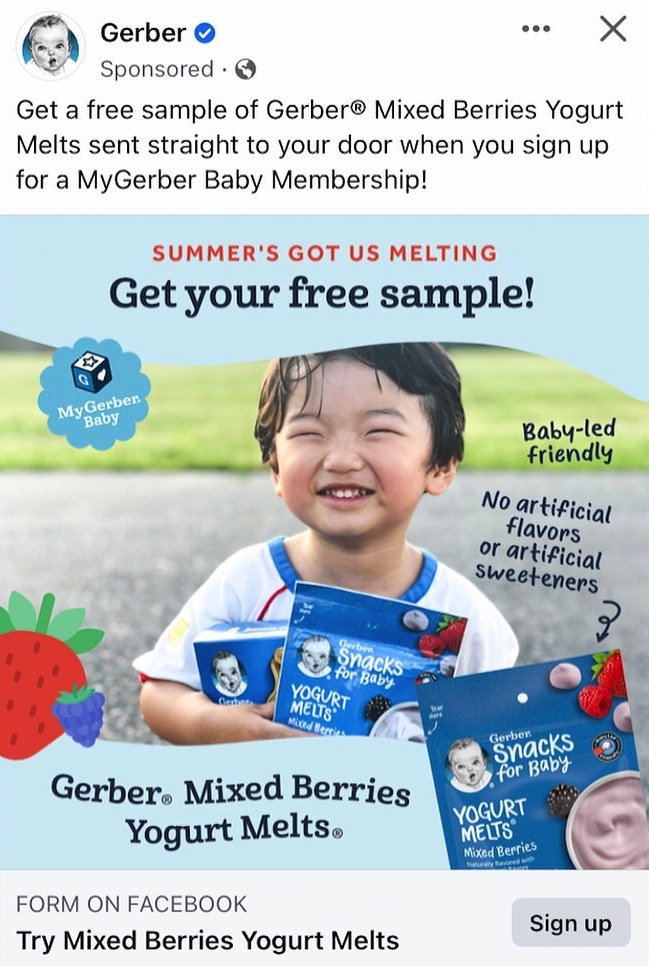 Gerber Yogurt Melts sample ad Facebook