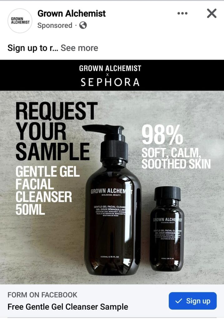 Grown Alchemist Cleanser sample ad facebook