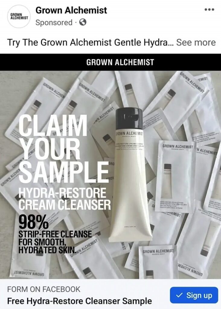 Grown Alchemist Hydra-restore Cleanser sample ad facebook