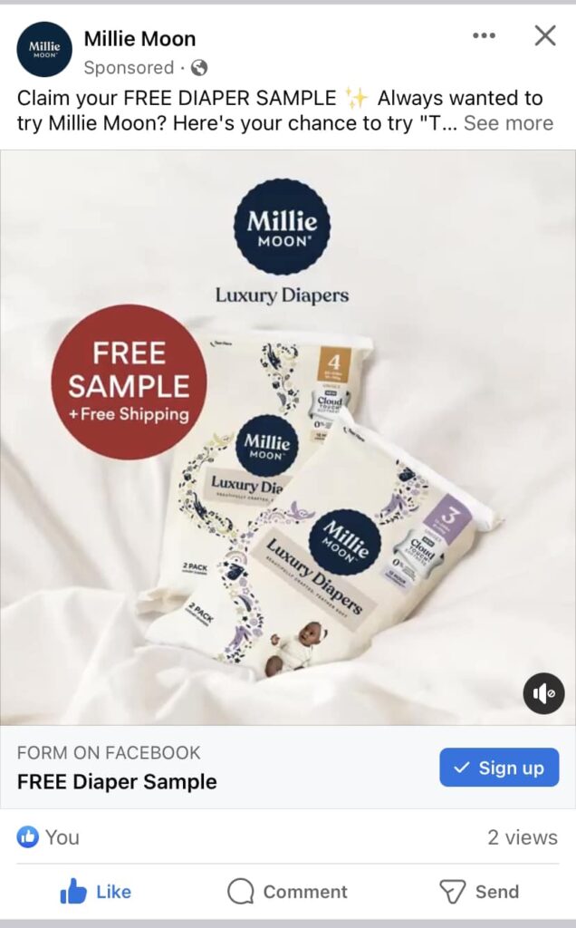 Millie Moon Luxury Diapers sample ad facebook