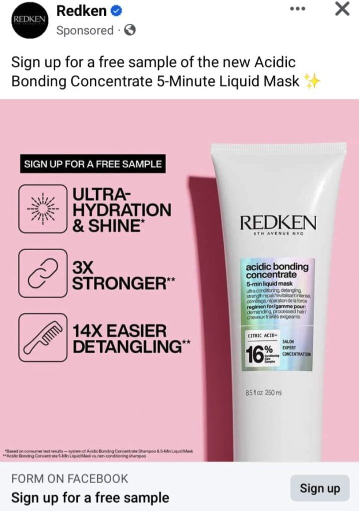 Redken Acidic Bonding Concentrate sample Liquid Mask ad facebook