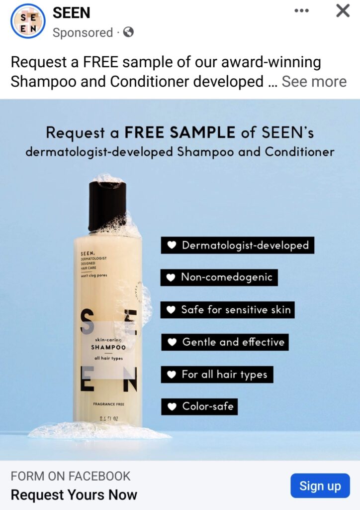 SEEN Shampoo & Conditioner sample pack ad facebook