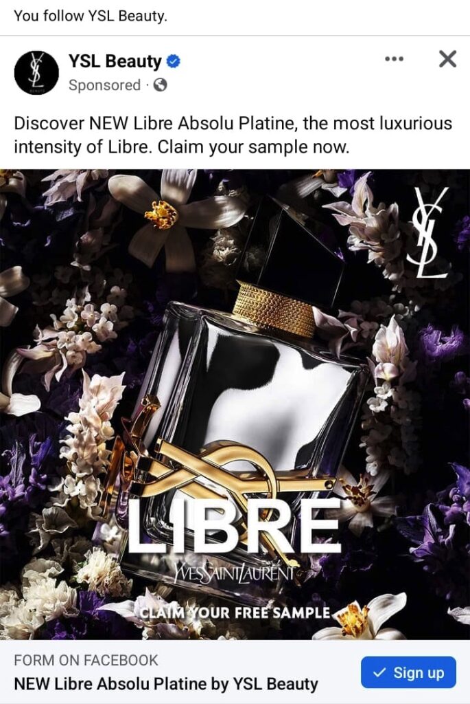 yves saint laurent libre absolu platine sample ysl facebook ad