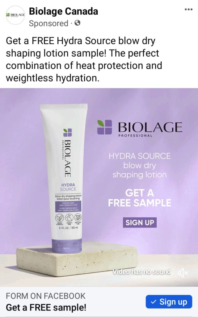 Biolage Shaping Lotion sample ad facebook