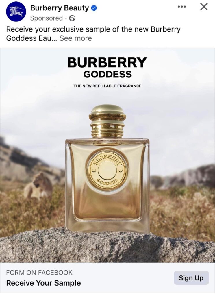 Burberry Goddess Fragrance sample advert facebook