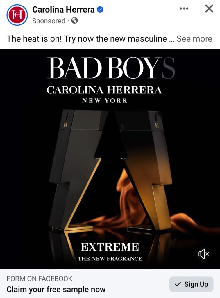 Carolina Herrera Bad Boy Extreme sample ad facebook
