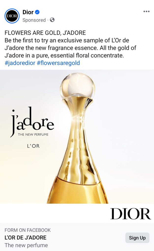 DIOR L'Or de J'adore sample ad facebook