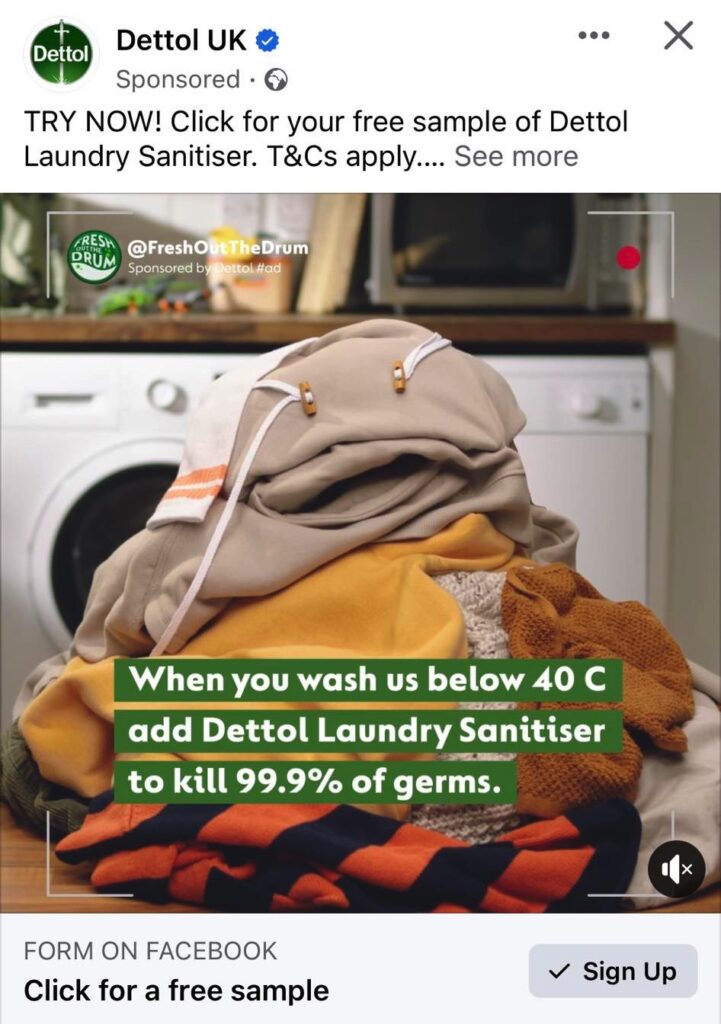 Dettol Laundry Sanitiser sample ad facebook