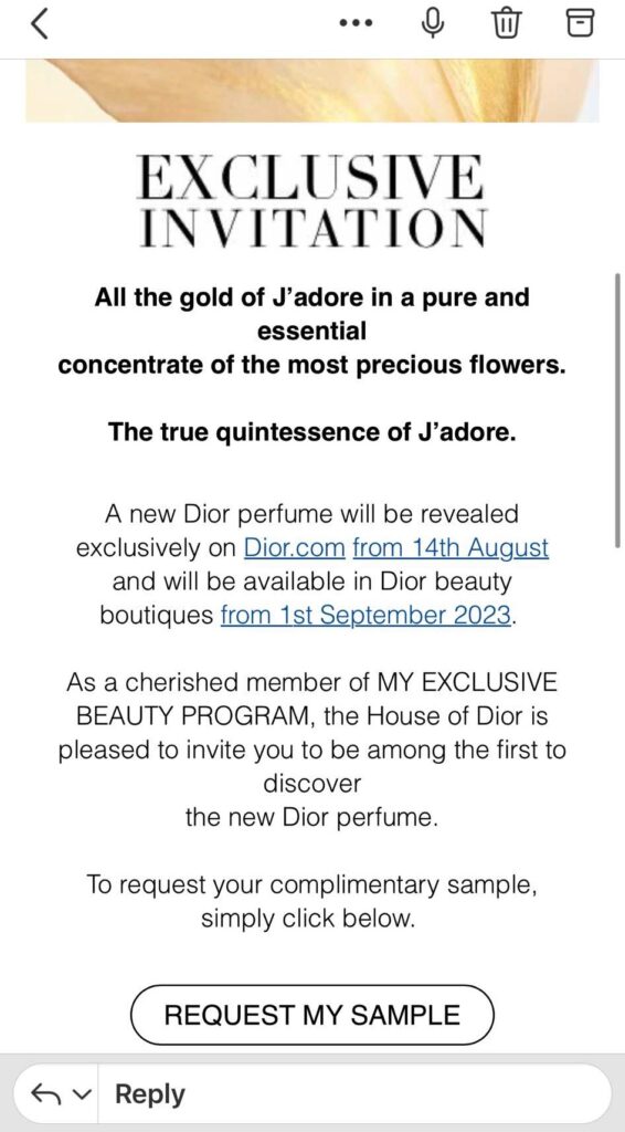 Dior Gold J’adore Fragrance sample DIOR My Exclusive Beauty Program