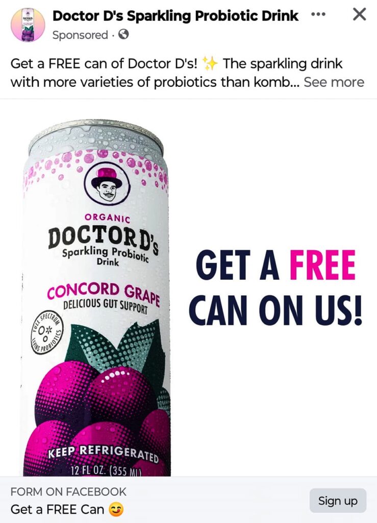 Free Doctor D's Sparkling Probiotic Drink ad Facebook
