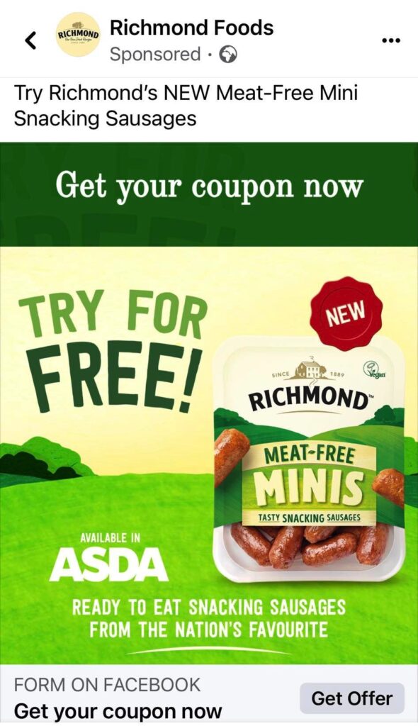 Free Richmond Meat-free Mini Sausages coupon ad facebook