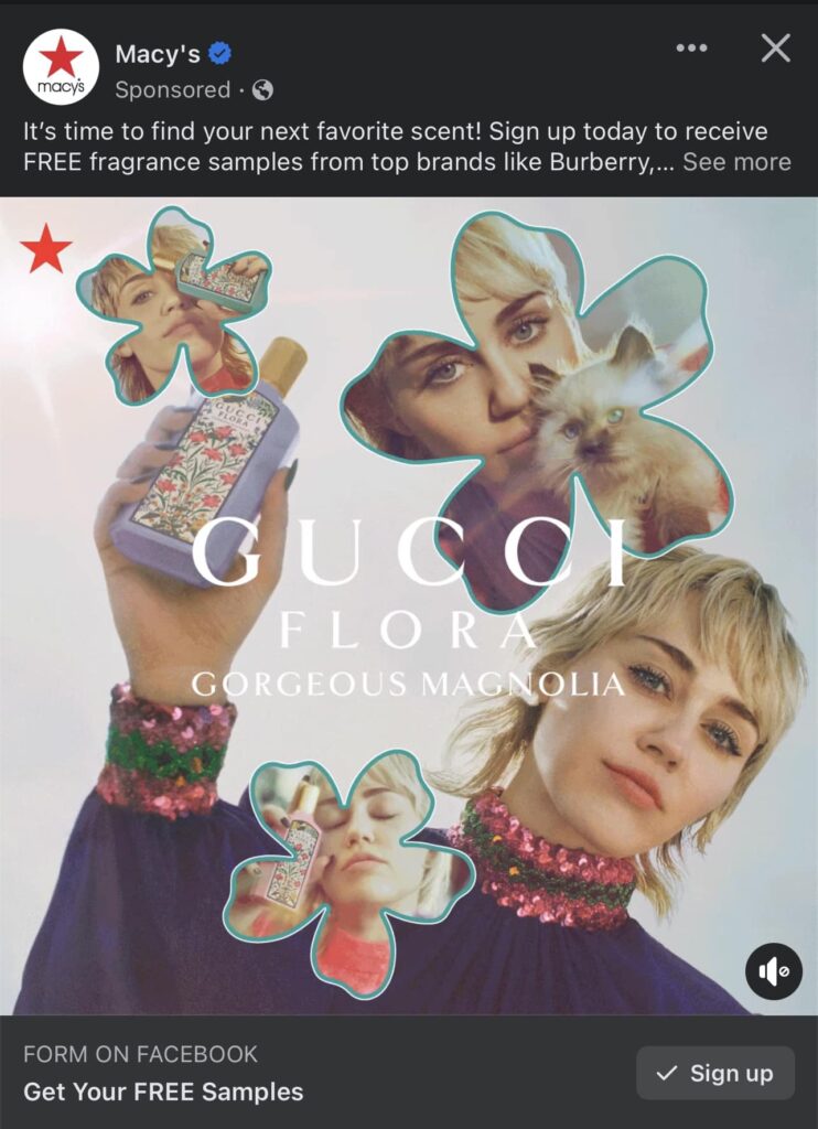 Gucci Flora Gorgeous Gardenia Fragrance sample ad facebook macys