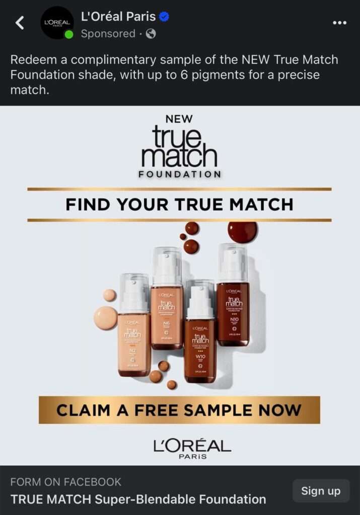 L'Oreal True Match Foundation sample ad facebook