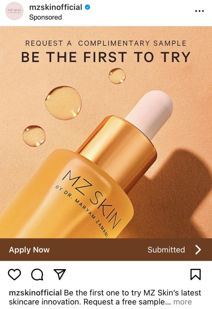 MZ Skin Reviving Facial Oil sample ad instagram