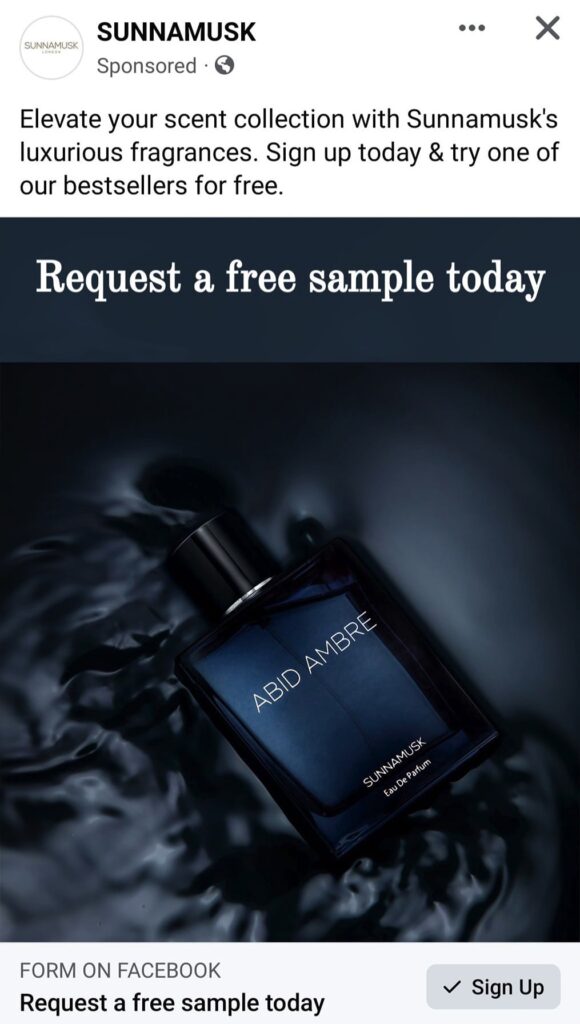 Sunnamusk Abid Ambre Fragrance sample ad facebook