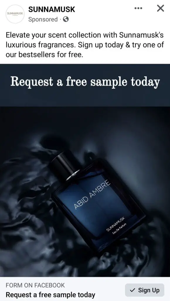 Sunnamusk Abid Ambre Fragrance sample ad facebook