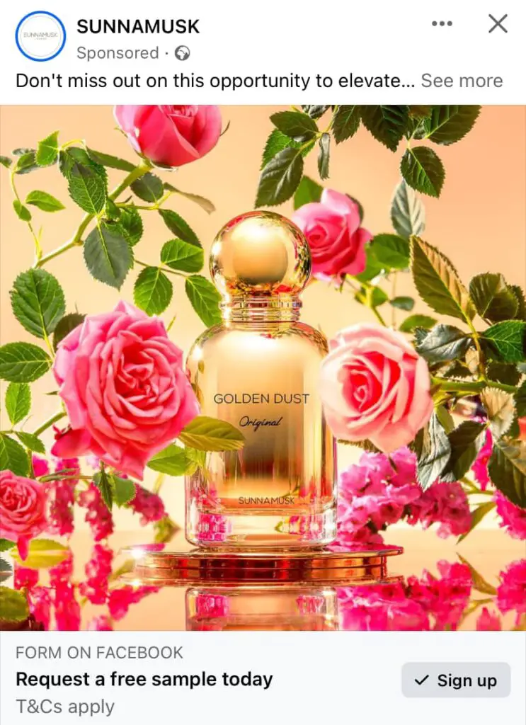 Sunnamusk Golden Dust Fragrance sample ad facebook