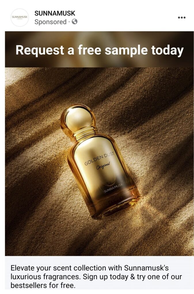 Sunnamusk Golden Dust Fragrance sample ad facebook